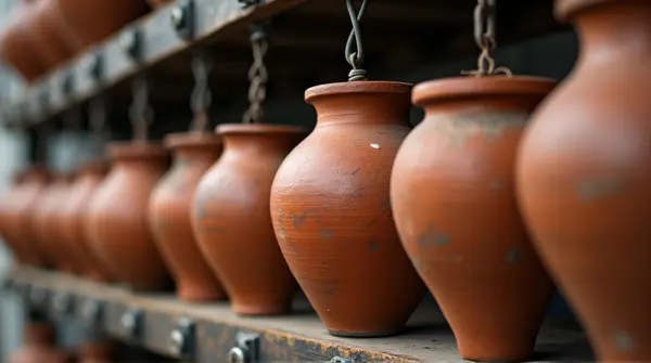 Multiple earthenware containers arranged on a dark iron frame with soft natural light emphasizing their textures.