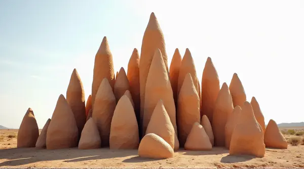 Cluster of earthy-toned stone structures with jagged outlines against a bright sky from a low angle