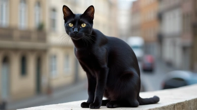 Ebony Cat Alert on Stone Ledge Urban View