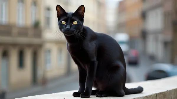 Sleek ebony cat perched on a stone ledge with sharp eyes focused in an urban setting