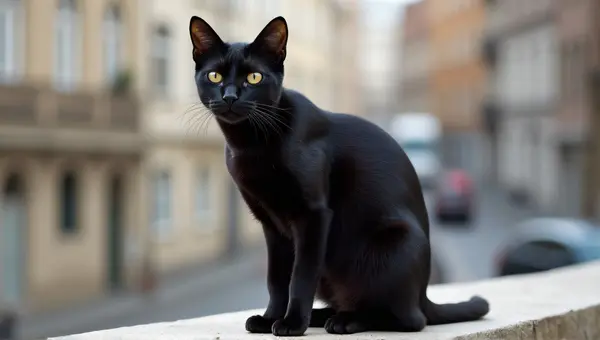 Ebony Cat Alert on Stone Ledge Urban View