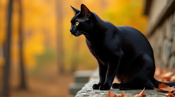 Ebony Cat On Stone Ledge Among Autumn Leaves