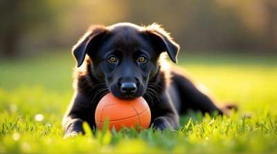 Ebony Dog Holding Ball in Sunlit Field