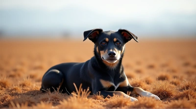 Ebony Dog Resting on Dry Rust Vegetation