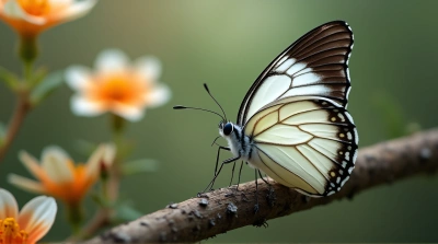 Ebony And White Butterfly On Tree Bark Close-Up