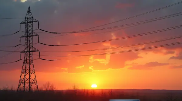 Electric Pole With Power Lines At Colorful Horizon