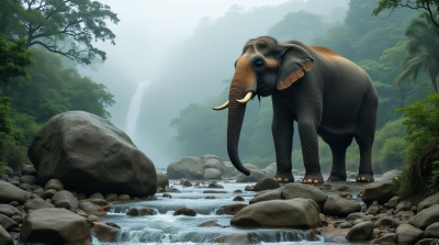 Elephant by Waterfalls in Tropical Jungle