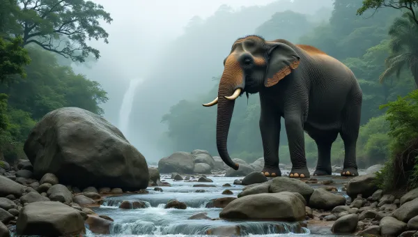 Elephant by Waterfalls in Tropical Jungle