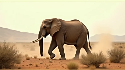 Elephant Crossing Dusty Plain With Wrinkled Skin