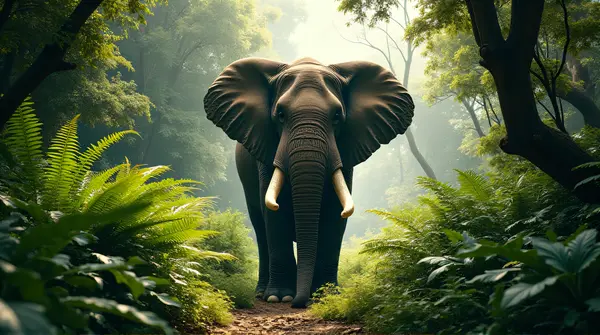 Elephant In Dense Jungle Foliage With Sunlight