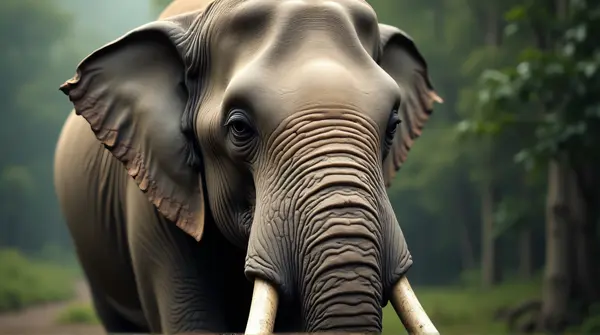 Elephant Face Close-Up With Tusks And Forest