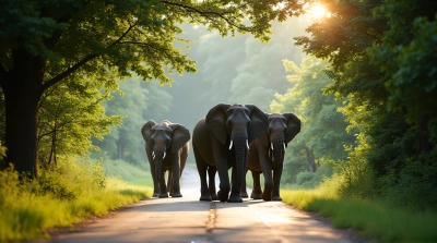 Elephant Herd Crossing Sunlit Path With Dense Foliage