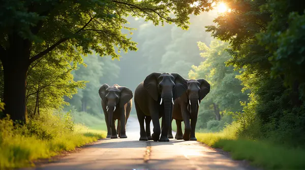 A herd of elephants crossing a sunlit path surrounded by thick foliage and dappled light from the canopy above.