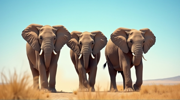 Elephant Herd On Dusty Savanna Under Clear Sky