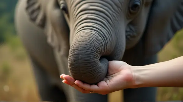 Elephant Snout Near Outstretched Arm Close-Up