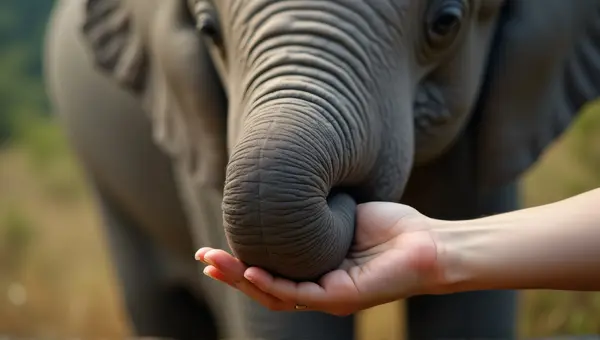 Elephant Snout Near Outstretched Arm Close-Up