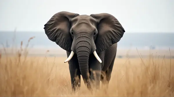 Elephant with dark skin standing in tall dry grass beneath a cloudy sky with soft background blur