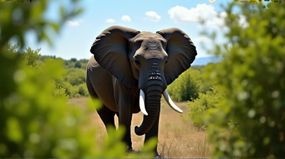 Elephant In Sunlit Clearing With Green Foliage