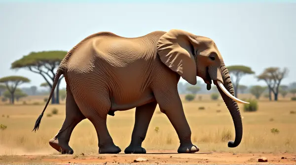 Elephant with textured skin walking on dry ground near acacia trees under clear sky