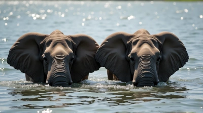 Elephants In Water With Textured Skin Detail