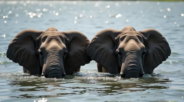 Elephants In Water With Textured Skin Detail