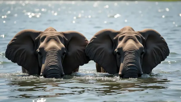 Elephants In Water With Textured Skin Detail