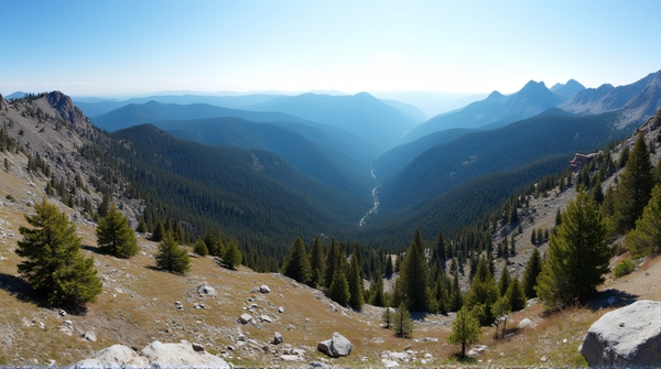 A bird's-eye view of elevated terrain featuring craggy slopes, winding trails, and scattered evergreen clusters under a clear sky.
