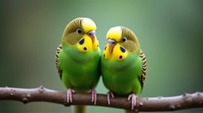 Emerald Budgerigars Close Together On Twig