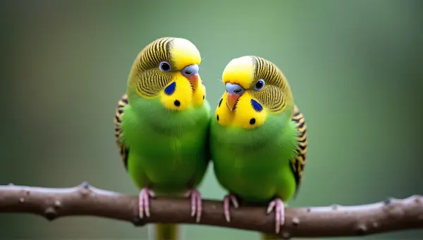 Emerald Budgerigars Close Together On Twig