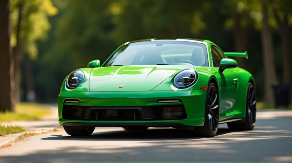 Vibrant emerald car parked diagonally on a paved road with gentle shadows and blurred foliage background.