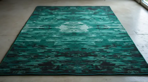 Closeup of emerald and charcoal patterned area rug showing detailed weaving texture