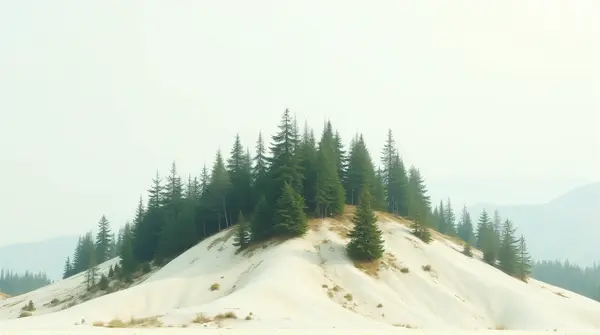Cluster of emerald conifer trees on a white ridge beneath a soft pale sky from a low angle.