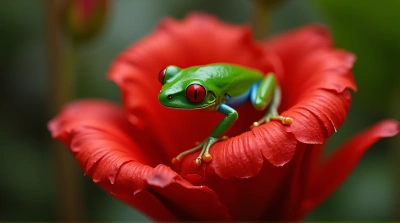 Emerald Frog On Scarlet Blossom Close-Up