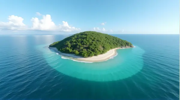 A small emerald and slate-toned island viewed from above, encircled by gentle turquoise waves and scattered clouds.