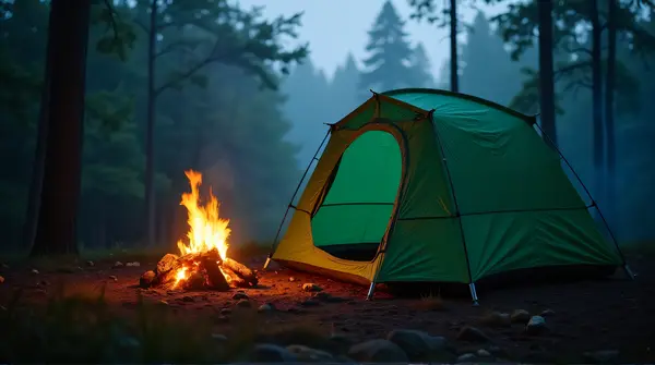 Emerald Nylon Shelter Near Glowing Embers At Dusk