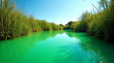 Emerald Pond Reflecting Sunlight Under Clear Sky
