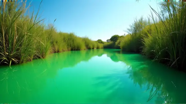 A vibrant emerald pond reflecting bright sunlight beneath a clear blue sky, bordered by dense foliage and tall reeds.