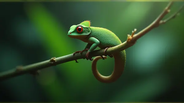 Vivid emerald-scaled creature perched on a slender, segmented stalk with soft ambient lighting