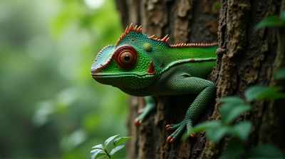 Emerald Scaled Lizard Climbing Textured Trunk