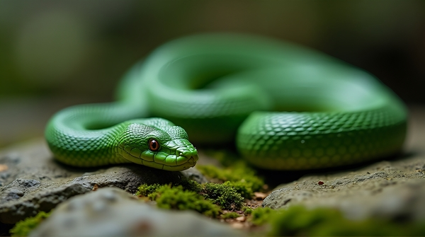 Emerald Snake Curled on Mossy Stones in Soft Light