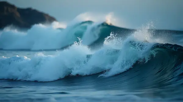 Dynamic sea waves with foamy crests crashing energetically, highlighted by soft ambient light from a low angle
