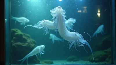 Ethereal Sea Creatures Glowing In Glass Enclosure