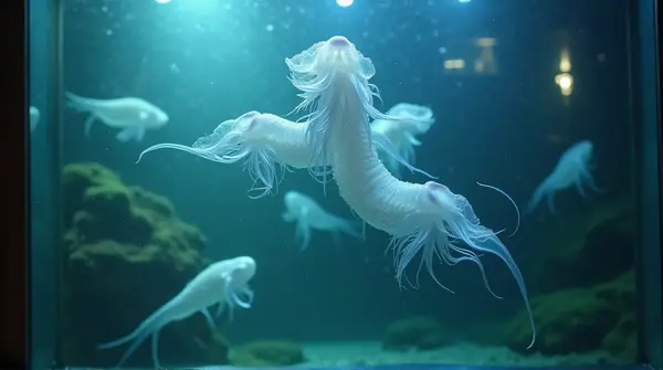 Ethereal Sea Creatures Glowing In Glass Enclosure