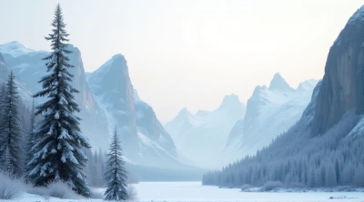 Evergreen Tree Amid Frosty Cliffs And Frozen Valley