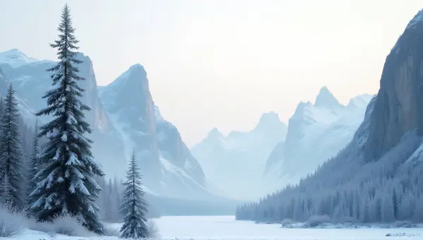 Evergreen Tree Amid Frosty Cliffs And Frozen Valley