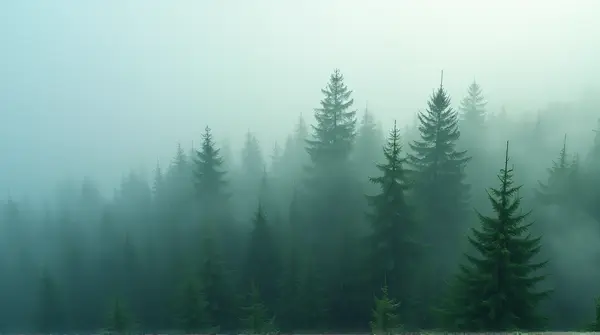 Evergreen Trees Surrounded By Soft Vapor