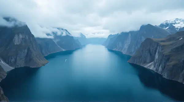 Vast blue basin encircled by towering rocky peaks under a dense overcast sky from high view.