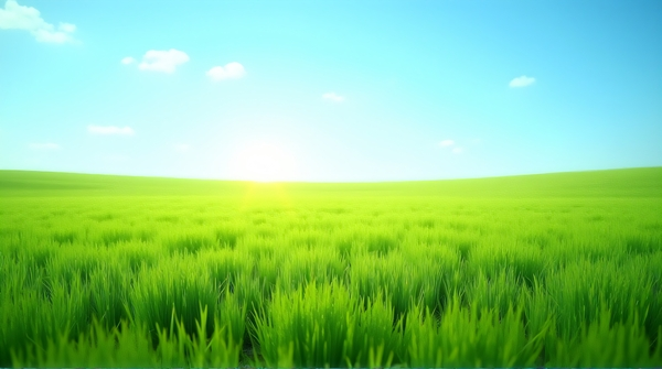 Low-angle view of a wide meadow covered in lush emerald blades stretching to the horizon under a bright blue sky.