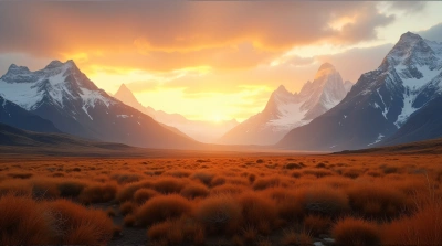 Expansive Field With Ice-Capped Mountains At Dusk