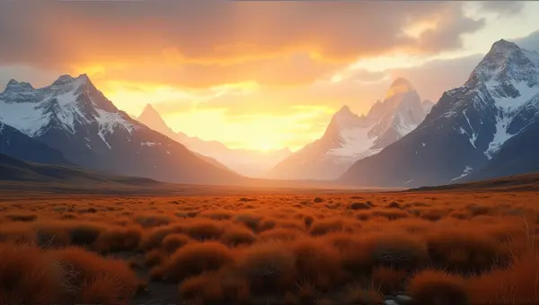 Expansive Field With Ice-Capped Mountains At Dusk